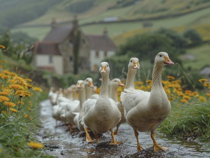 Geese wading through shallow water with a misty village and green hills behind, AI generated, AI