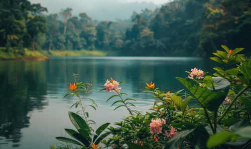 The lake surrounded by lush greenery and blooming flowers in the height of summer, summer nature