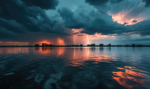A dramatic stormy sky looming over the horizon, with dark clouds and flashes of lightning reflected