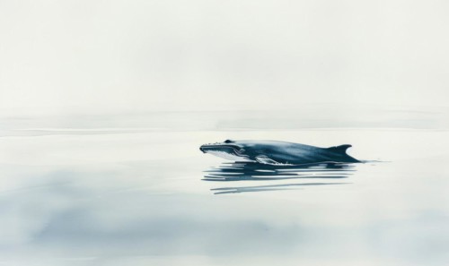 A serene watercolor painting featuring a solitary whale gracefully gliding through calm ocean
