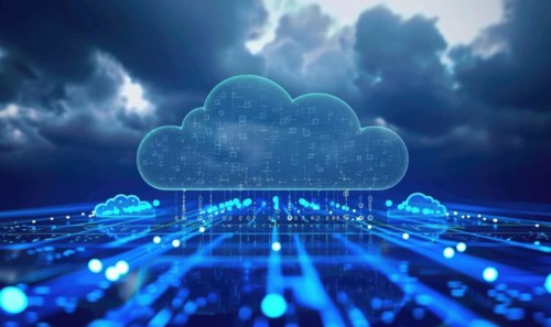 Cloud computing background with server racks and digital data streams AI generated