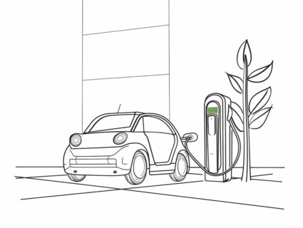 Coloring book page depicting an electric car at a charging station, illustration, AI generated