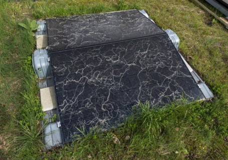 Sahara dust on a solar module, solar panel, a balcony system on a green roof, Braunschweig, Lower