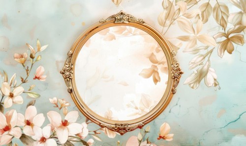 A gold frame with pink flowers on the wall. Abstract background with frame and space for text AI