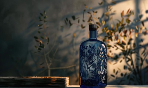 Cobalt blue glass bottle with botanical illustrations on background with textured shadow AI