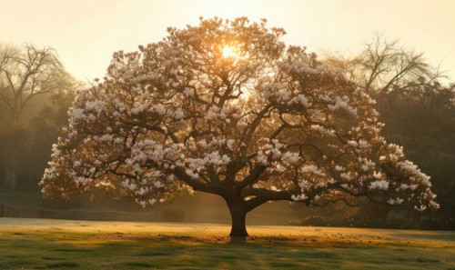 Magnolia tree in full bloom under the golden light of sunrise AI generated