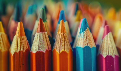 Close-up of a bunch of colored pencils, abstract background with colored pencils macro view AI