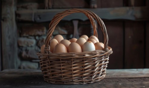 Eggs arranged in a wicker basket AI generated