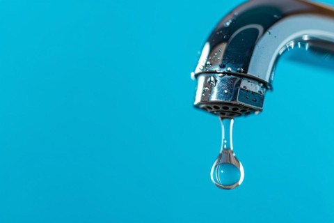Single drop of water coming out of water tap on blue background. KI generiert, generiert, AI