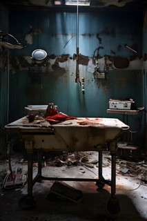 Deserted operating theater rusting surgical tools scattered on a surgical table, AI generated,