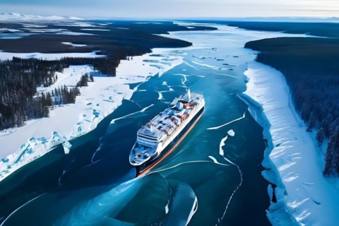 Aerial view of churned ice and open water trailing an icebreaker through pristine icy wilderness,