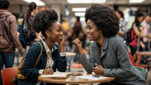 Two women engaged in conversation at a university with a notebook on the table, AI generated