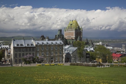 Old historic residential architectural buidings along ave. Saint-Denis and Chateau Frontenac plus