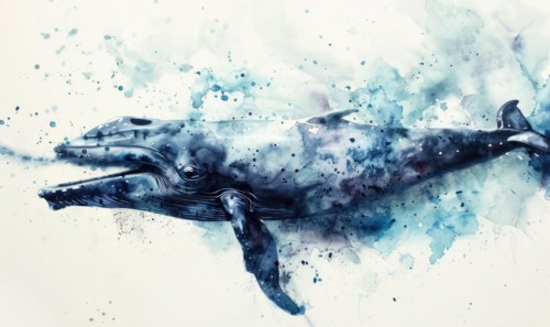 A watercolor illustration of a playful whale spraying water from its blowhole AI generated