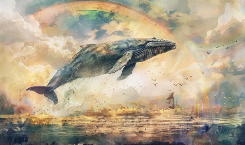 A watercolor artwork portraying a surreal scene of a whale leaping over a rainbow in a dreamlike