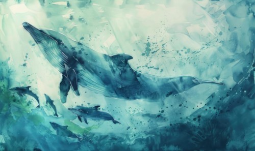 Watercolor illustration of a pod of dolphins swimming alongside a whale AI generated