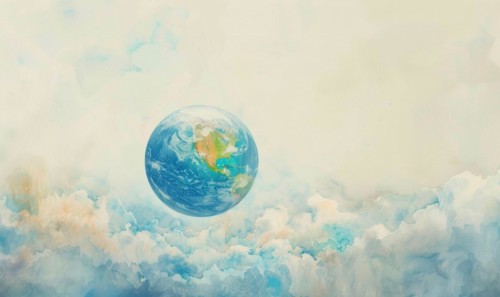 Vibrant watercolor painting of an Earth globe floating in a dreamy sky AI generated