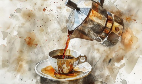 Watercolor illustration of a vintage coffee pot pouring coffee into a cup AI generated