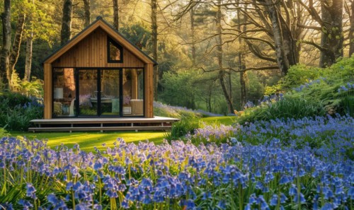 A serene modern wooden cabin surrounded by a lush carpet of bluebells and forget-me-nots in a