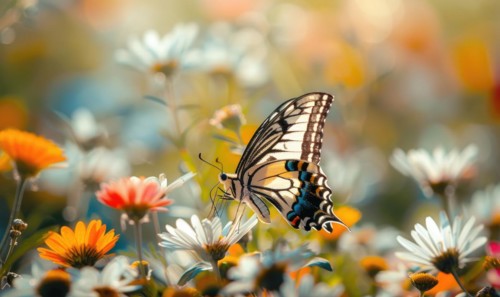 Butterfly amidst wildflowers, closeup view, selective focus, spring nature AI generated