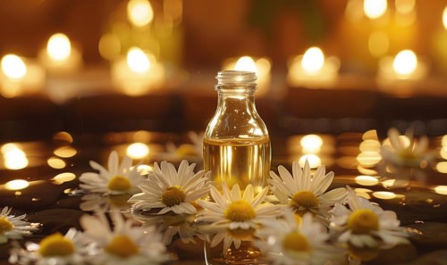 Chamomile essential oil in a dropper bottle, closeup view, skin care cosmetic background AI