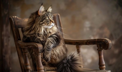 Maine Coon cat perched gracefully on a vintage wooden chair AI generated