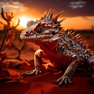Horned lizard in perfect camouflage with the desert floor basking under the warm glow of the sonora