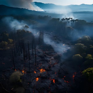 Charred tree skeletons in a smoke filled landscape remnants of a forest fire ignited by lava flow,