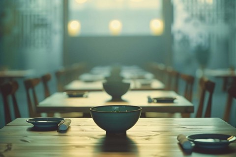 An atmospheric restaurant scene with empty tables set for evening diners, AI generated