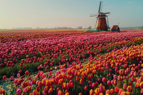 Expansive pink and red tulip field with a classic Dutch windmill under a clear sky, AI generated