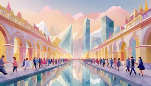 Colorful depiction of an urban scene with pedestrians walking under arches with reflections on the
