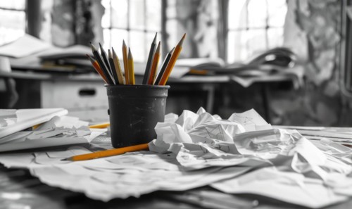 Graphite pencils arranged in a cup on a desk, surrounded by crumpled sheets of discarded white