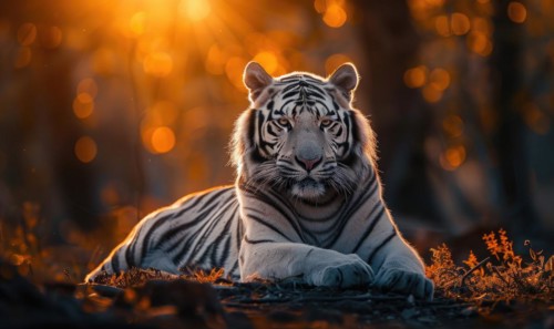 A white tiger basking in the warm glow of the setting sun AI generated