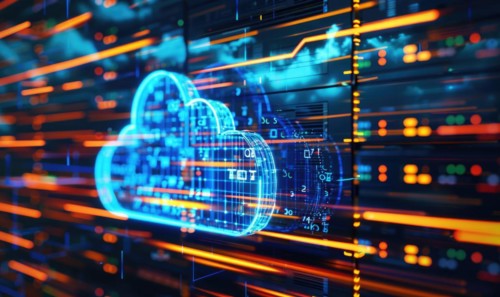 Cloud computing background with server racks and digital data streams AI generated