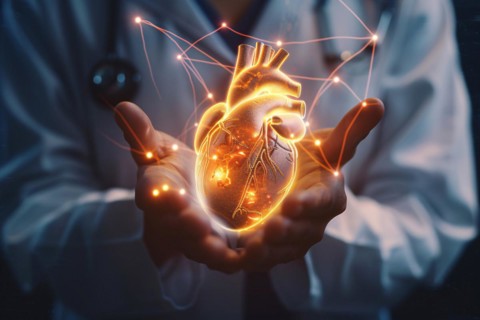 Doctor's hands holding virtual glowing image of human heart. KI generiert, generiert, AI generated