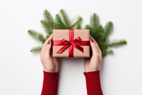 Top view of woman's hands holding christmas gift wrapped in craft paper and red ribbon. KI