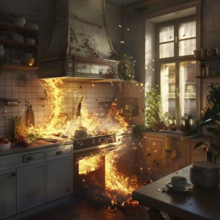 A kitchen suffers a fire due to massive flames, AI generated