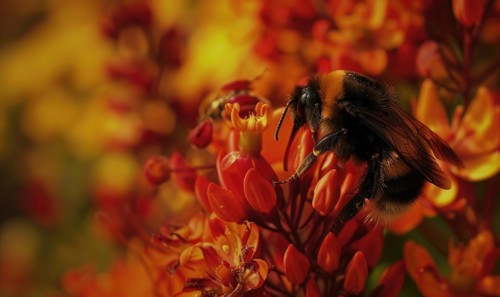 Bumblebee collecting pollen from flowers, closeup view, selective focus AI generated