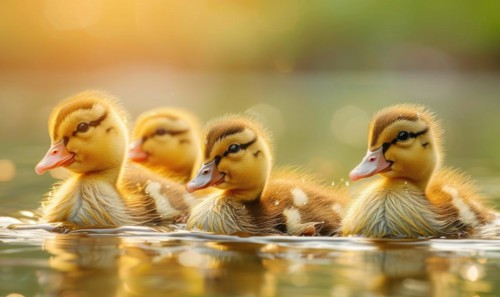 Ducklings swimming in a pond, close up view AI generated
