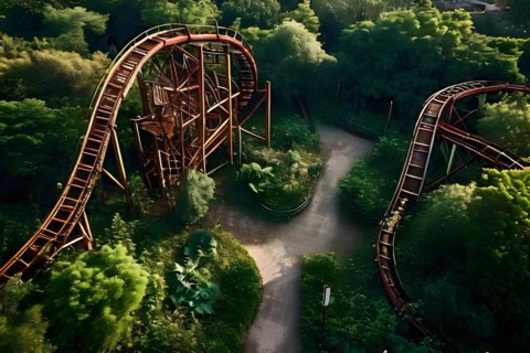 Aerial view of a bandoned amusement park overgrown with vegetation and rusting roller coasters, AI