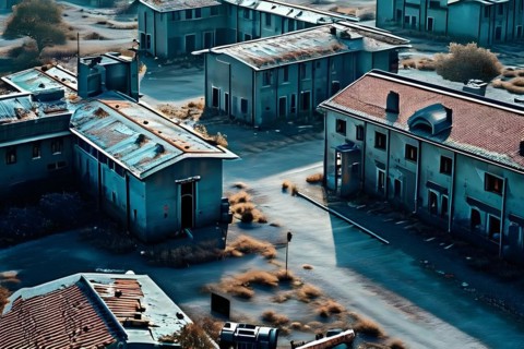 Aerial view of deserted military base featuring empty barracks and abandoned tanks in silent, AI