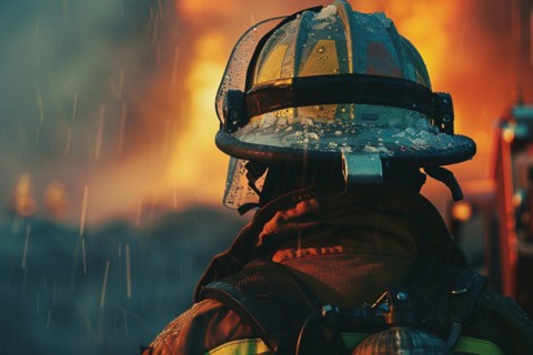 Back view of firefighter with helmet. KI generiert, generiert, AI generated