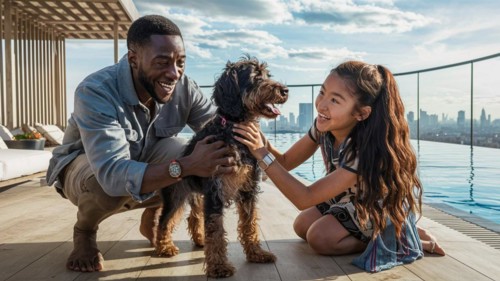 Wealthy black family is smiling and playing with their dog by a pool with a city view terrace, AI