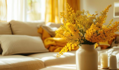 A cozy living room corner adorned with a vase of Mimosa flowers AI generated