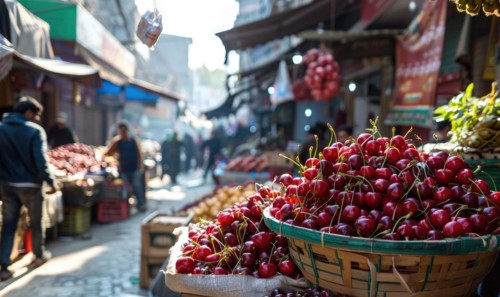Closeup view of rip cherries selling on city market AI generated
