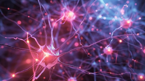 Digital art of a neural network with neurons and synapses in pink and purple hues, ai generated, AI