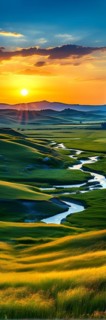 AI generated abstract painting of grasslands under a blazing sunset waves of greens
