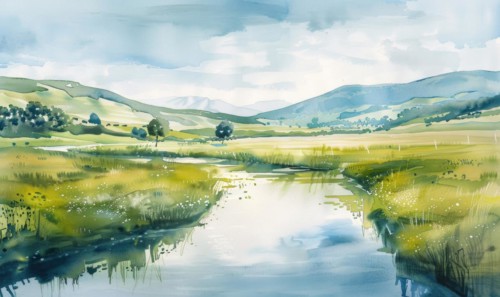 A watercolor illustration of valley with calm river flowing through verdant fields AI generated