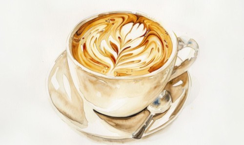 Watercolor illustration of a latte with foam art AI generated