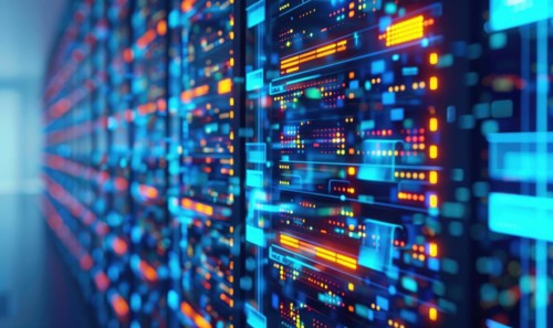 Cloud computing background with server racks and digital data streams AI generated